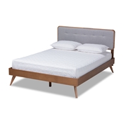 Baxton Studio Dilara Mid-Century Modern Light Grey Fabric Upholstered Walnut Brown Finished Wood King Size Platform Bed